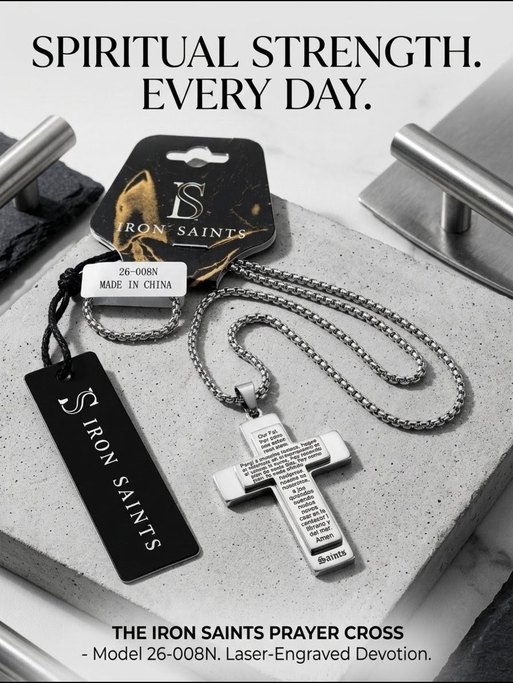 Iron Saints Laser-Engraved Prayer Cross Necklace in Silver